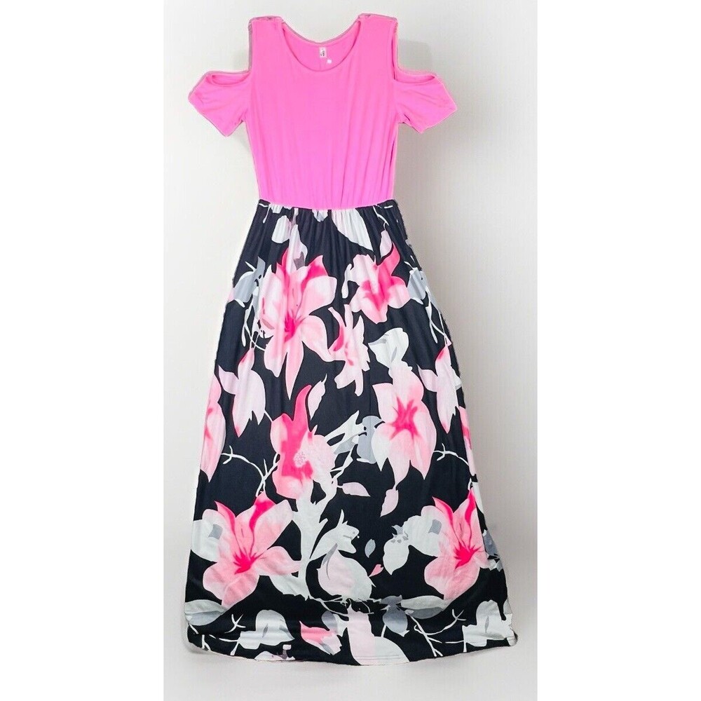 Kancystore Maxi Dress Womens Small Pink Black Floral Cold Shoulder Boho Summer - Picture 4 of 15